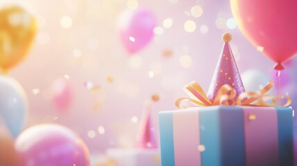 Happy birthday celebration with gifts, party hats, and balloons on blurred background 