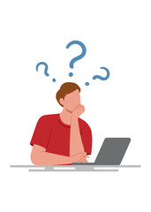 Puzzled man works at a laptop and thinks vector illustration