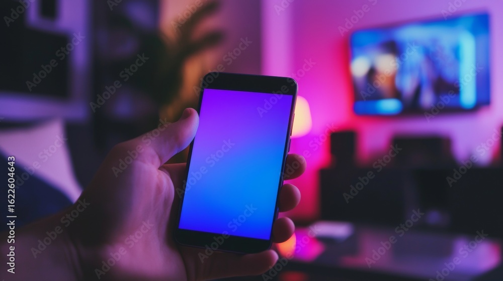 Poster hand holding smartphone with neon screen and background bokeh for technology product branding visual