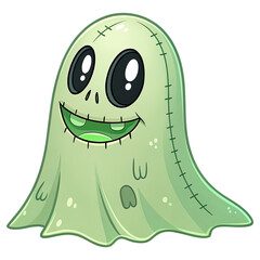 Friendly Ghost: A charming, cartoon ghost with a gentle, stitched appearance smiles, exuding playful charm and a friendly vibe.