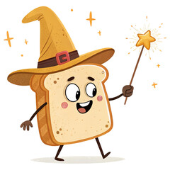 Magical Toast's Enchantment: A whimsical illustration of a slice of bread, adorned with a wizard's hat, delightfully casting a spell with a star-tipped wand, creating a lighthearted scene.