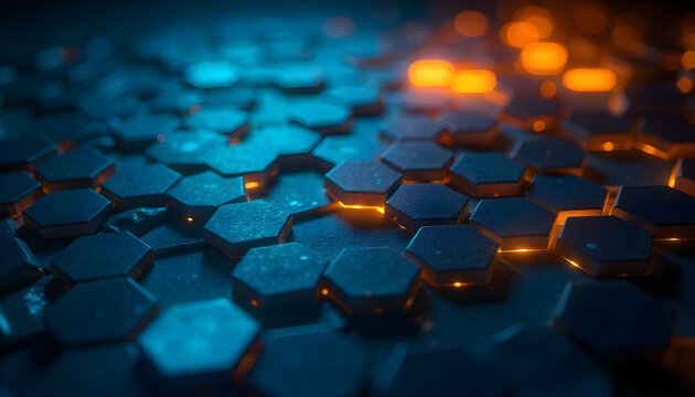 Abstract dark hexagonal surface with glowing blue and orange lights