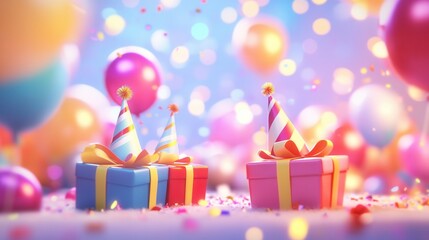 Happy birthday celebration with gifts, party hats,  on blurred background 