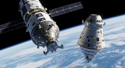 Space station orbiting earth with docking module for exploration