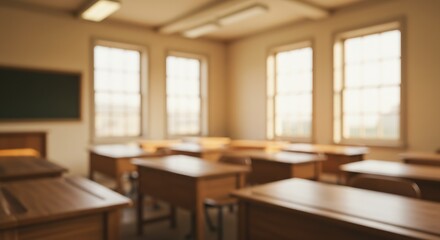 Empty Vintage Classroom With Wooden Furniture And Sunlight, Blurred Background