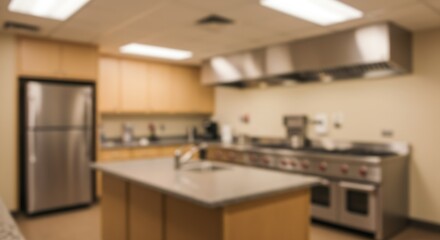 Fototapeta premium Modern Commercial Kitchen Interior, Blurred Background
