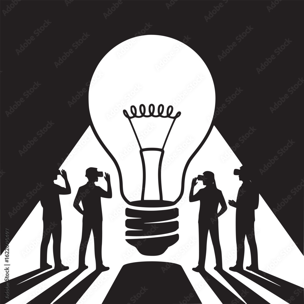 Poster silhouetted figures with vr headsets standing before a large lightbulb in black and white design