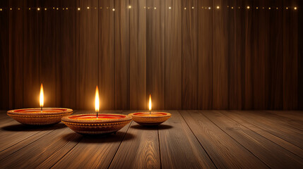 Diwali's Warmth: Three traditional oil lamps (diyas) glow against a backdrop of dark wooden texture. A gentle illumination dances upon a wooden surface, enhancing the ambiance.