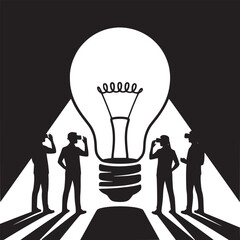 Silhouetted figures with vr headsets standing before a large lightbulb in black and white design