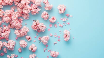 Pink popcorn scattered on bright blue background for colorful snack product visuals with playful composition
