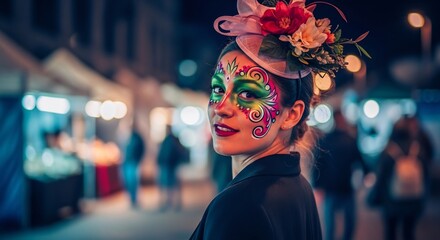 Elegant woman with artistic face paint at night street fair, ready for Day of the Dead, Halloween or Carnival. Ideal for culture, beauty and festive promotions.