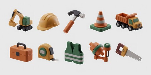 Set of 10 3D construction and building icons on a white background, ideal for engineering and Construction Industry