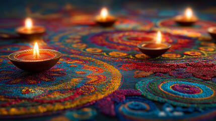 Radiant Rangoli & Diwali: A colorful Rangoli design is illuminated by the warm glow of traditional oil lamps, embodying festive cheer, joy and vibrant cultures.