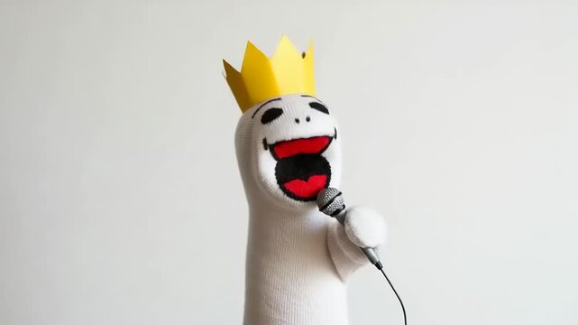 King Sock Puppet Singer Performing with Microphone on Isolated Background