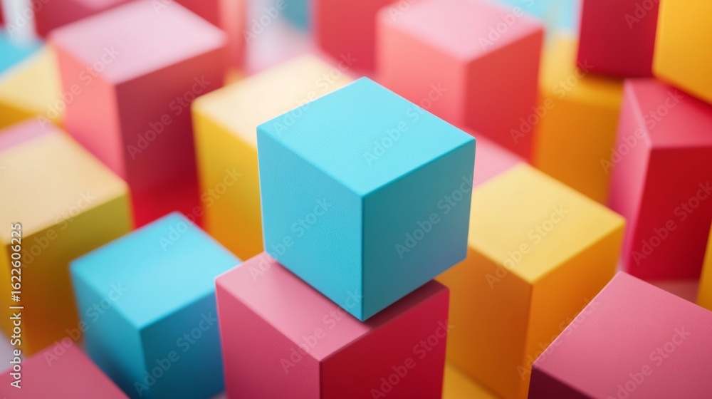 Poster colorful 3d cubes in isometric abstract floating style on pastel background for modern tech concept 