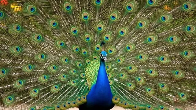 Peacock displays iridescent plumage showcasing vibrant eyespotted feathers