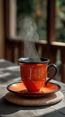 Warm Cup of Tea with Steam in Natural Light on Rustic Table
