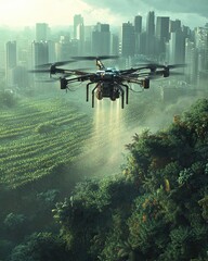 Drone Spreading Fertilizer Over Urban Landscape and Green Fields