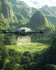 Futuristic Drone Flying Over Lush Green Valley in Nature Landscape