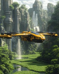 Futuristic yellow flying vehicle above lush green landscape with waterfalls