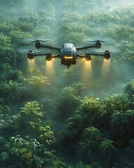 Drone Flying Over Lush Green Forest with Bright Lights Illuminating