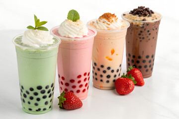 A lineup of colorful bubble tea drinks (matcha, taro, strawberry, brown sugar) on a pastel background