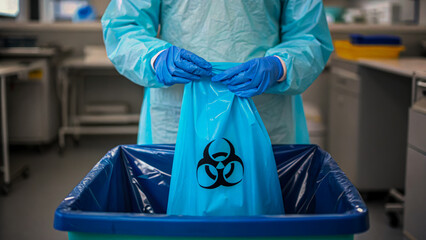 Biohazard waste storage handled with care in medical facility by professional in protective gear