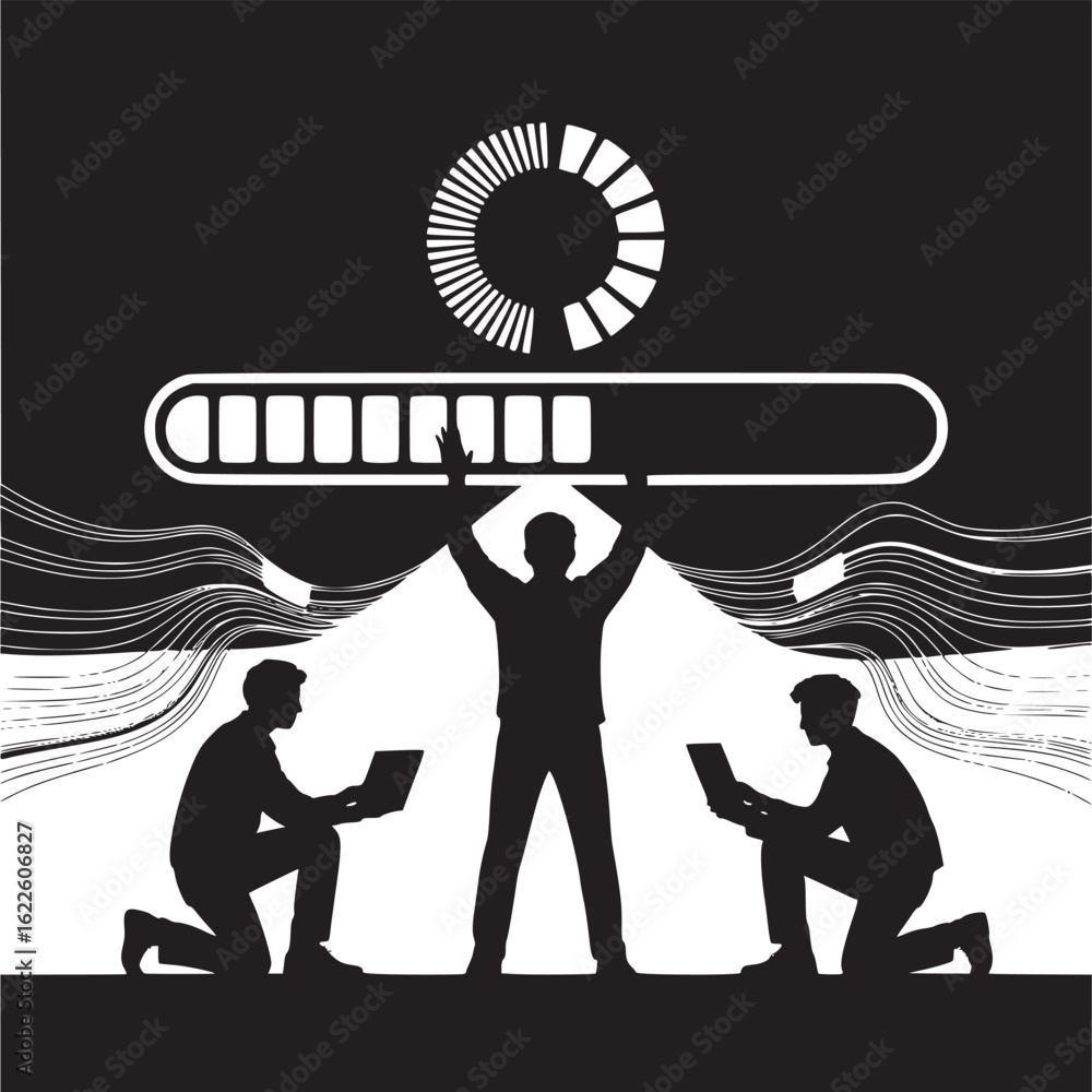 Poster silhouette of three people with laptops and a loading bar in black and white design