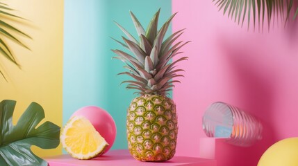 Tropical fruit still life with pineapple lemon and ice cream on vibrant pastel background for summer concepts