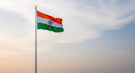Indian National Flag Hoisted Against Sky – Patriotic Tricolor Waving in Wind