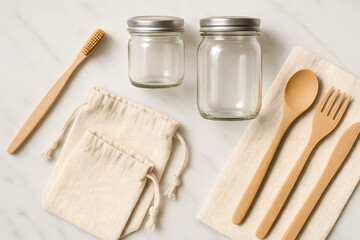 Sustainable Zero Waste Lifestyle Essentials Arranged on Marble Surface for Eco-Friendly Living and Conscious Consumption