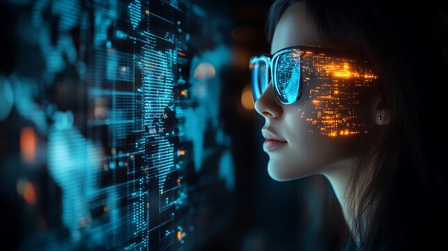 A woman wearing futuristic glasses, gazing at a digital world map.
