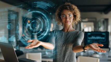 A businesswoman stands before floating digital data icons in transparent display showing modern technology and intelligent design interface - Powered by Adobe