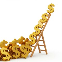 Golden dollar signs climb a wooden ladder, symbolizing financial growth and success.