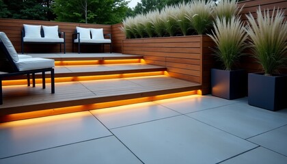 Contemporary Deck and Patio with LED Lighting White Cushions Dark Frames and Ornamental Grasses Chic Outdoor Space