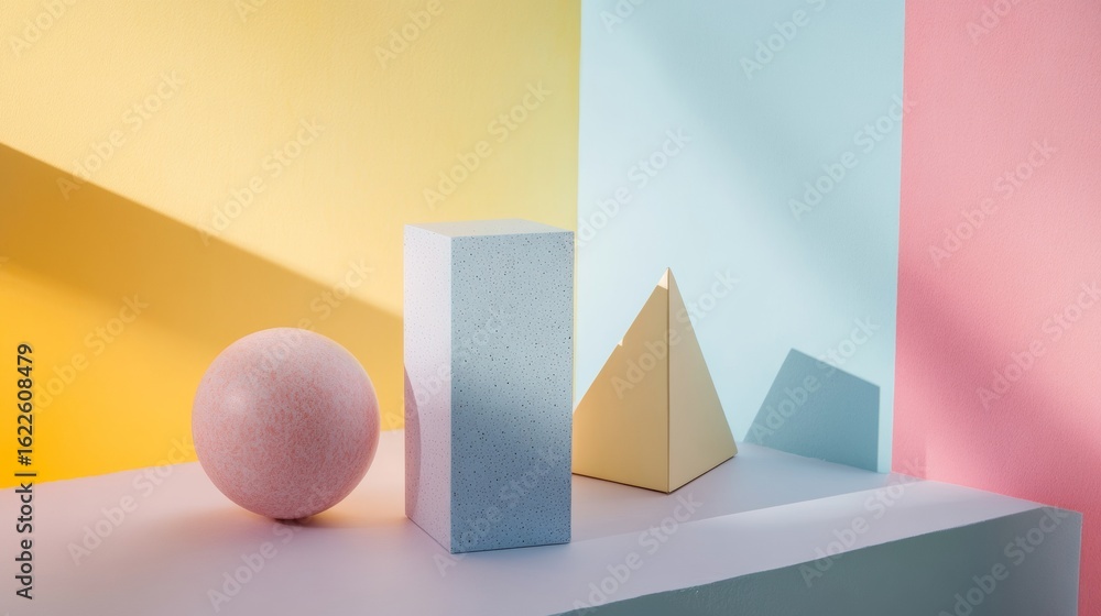 Aufkleber geometric objects in pastel colors arranged on abstract surface for minimalist product design brandi
