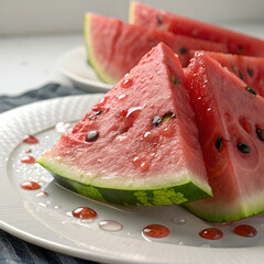 slices of juicy and tasty watermelon on a white plate
