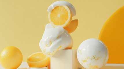 Lemon bath bombs with yellow aesthetic for beauty spa product clean background selfcare body wellness concept