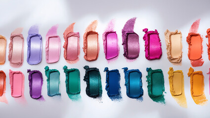 Vibrant collection of makeup swatches, arranged in a rainbow gradient
