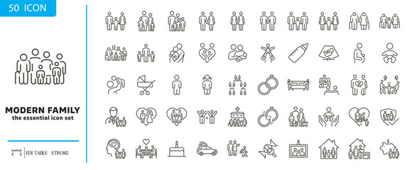 Modern Family Icon Set: A comprehensive collection of minimalistic line art icons representing various family dynamics, relationships, and life stages. A modern aesthetic with essential illustrations.
