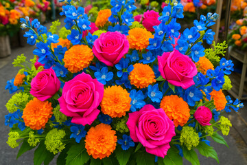 Elegant Floral Arrangement Featuring Pink Roses and Blue Delphiniums for Decorative and Event Styling