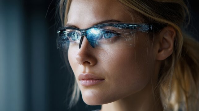 A close-up portrait of an attractive woman wearing futuristic glasses with holographic screens, showcasing the latest technology and design in augmented reality. 