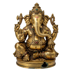 Golden Brass Statue of Lord Ganesha isolated on a transparent background 