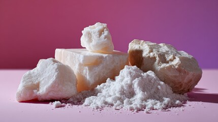 Chunks of white handmade soap on pink background with powder particles for bath skincare cosmetic product display