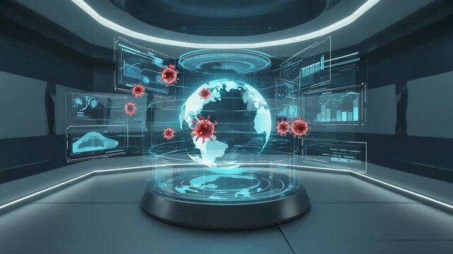 Futuristic Global Pandemic Data Visualization in High-Tech Control Room - Powered by Adobe