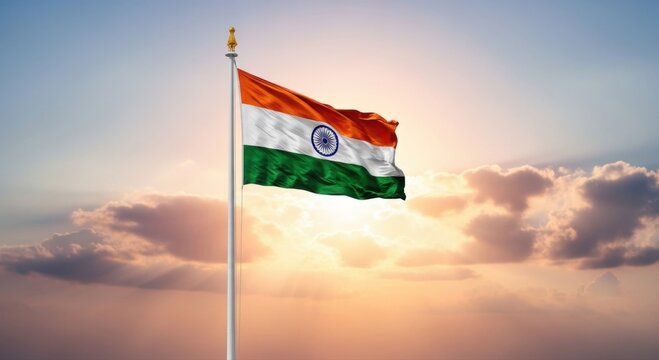 Indian flag waving proudly on a pole against a backdrop of a beautiful sunset sky with clouds - Powered by Adobe