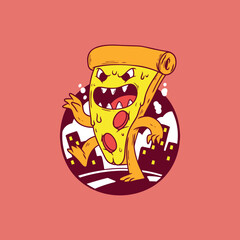 Colorful Pizza Monster with City Background vector illustration. Food, mascot design concept.