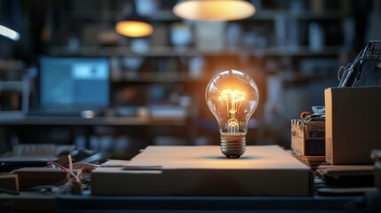 Glowing lightbulb in creative workspace desk concept for innovation technology inspiration thinking energy productivity ideas photo