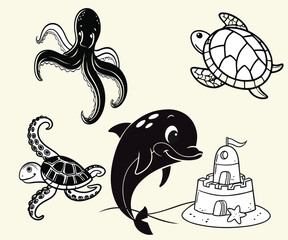 Cute cartoon set of sea animals and ocean creatures illustration