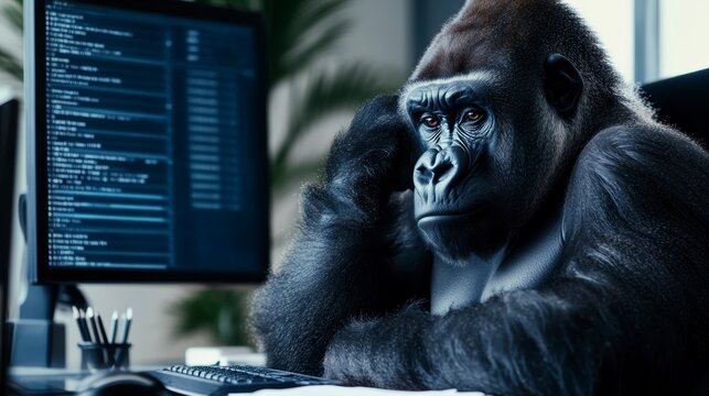 A pensive gorilla sits at a desk in an office, looking thoughtfully at a computer screen filled with code.